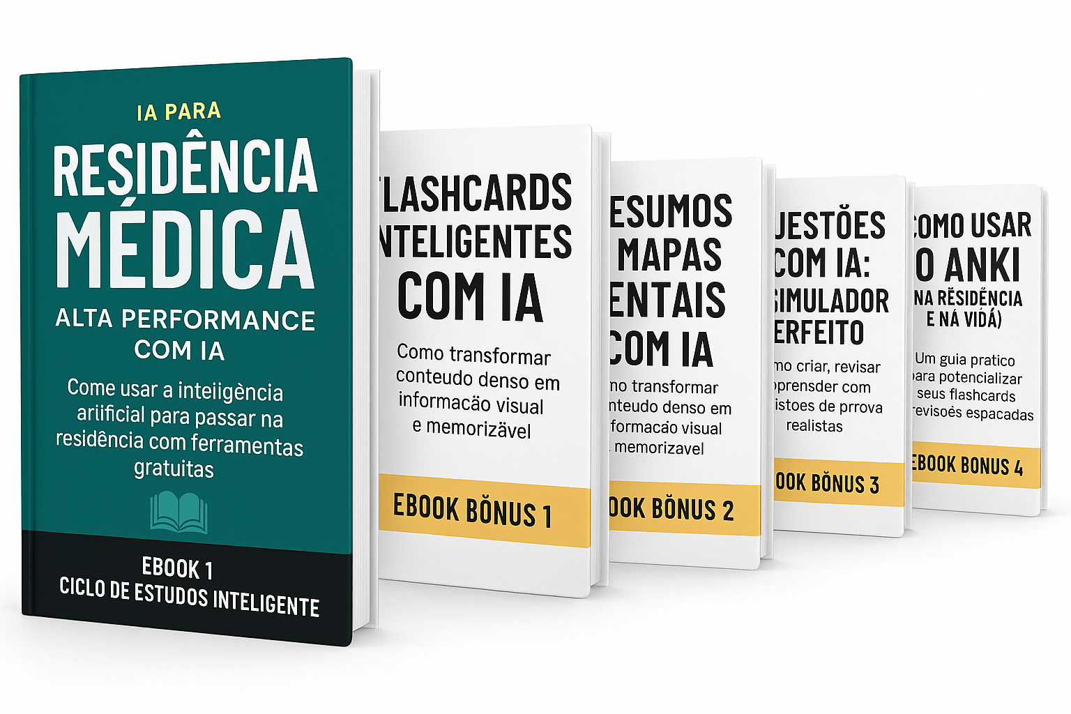 Mockup dos eBooks Residência Médica - Alta Performance com IA